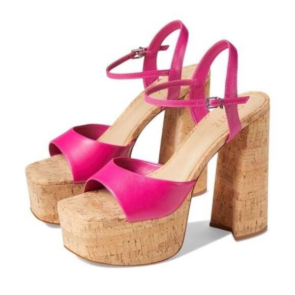 SCHUTZ Pink Leather Glayce Ankle Strap Buckle Platform Cork Sandal Heels 6.5
